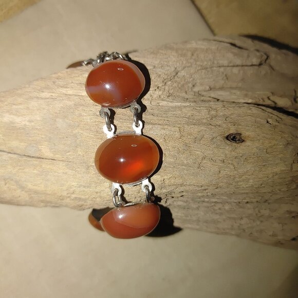 Silvertone Carnelian Agate looking Amber Link Bracelet Oval Cabochons Vintage - Picture 9 of 12